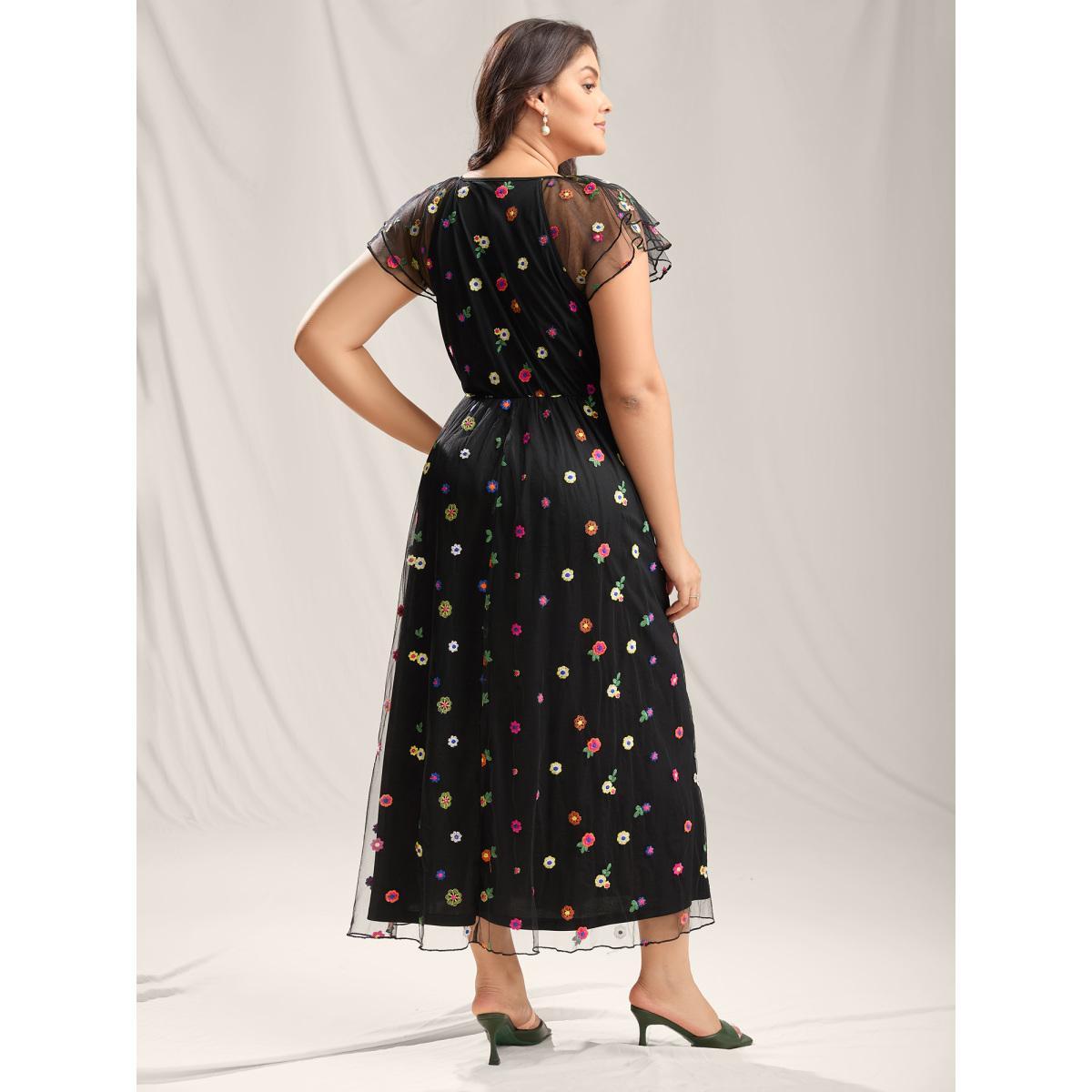 Plus Size Embroidered Colorful Dots Lined Midi Dress Black Women V-neck Cap Sleeve Curvy BloomChic 18-20/2X Product Image