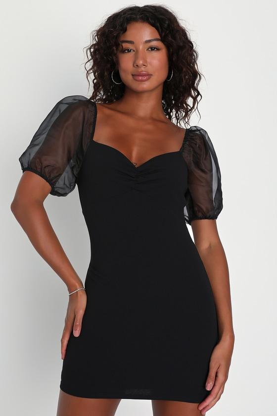Always Captivating Black Puff Sleeve Bodycon Mini Dress Product Image