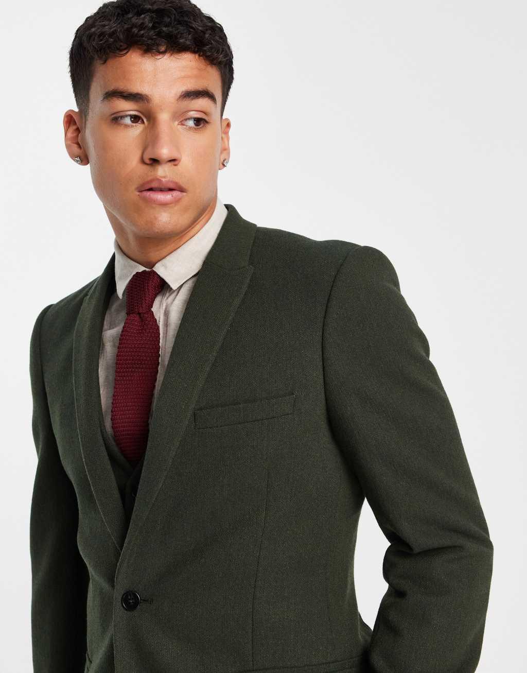 ASOS DESIGN Wedding skinny wool mix suit jacket in dark green basketweave texture  Product Image