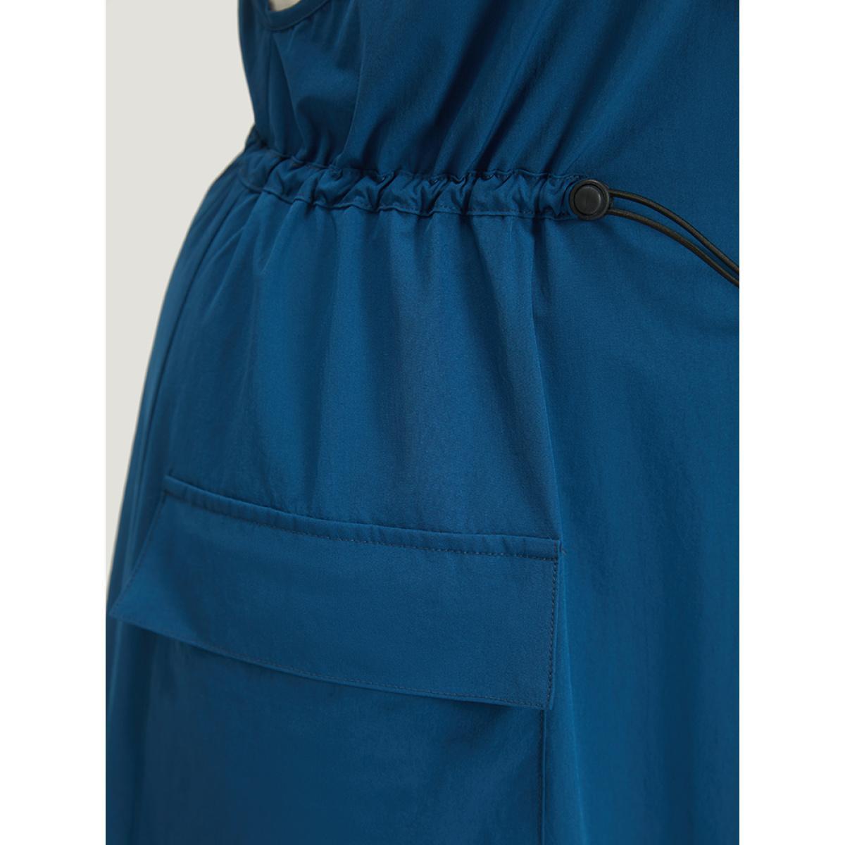 Plus Size Solid Drawstring Flap Pocket Overall Cami Dress Aegean Women Casual Adjustable Straps Spaghetti Strap Sleeveless Curvy Midi Dress BloomChic 10/M Product Image