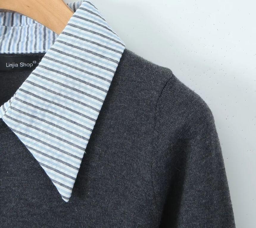 Long Sleeve Collared Striped Mock Two Piece Button Top Product Image