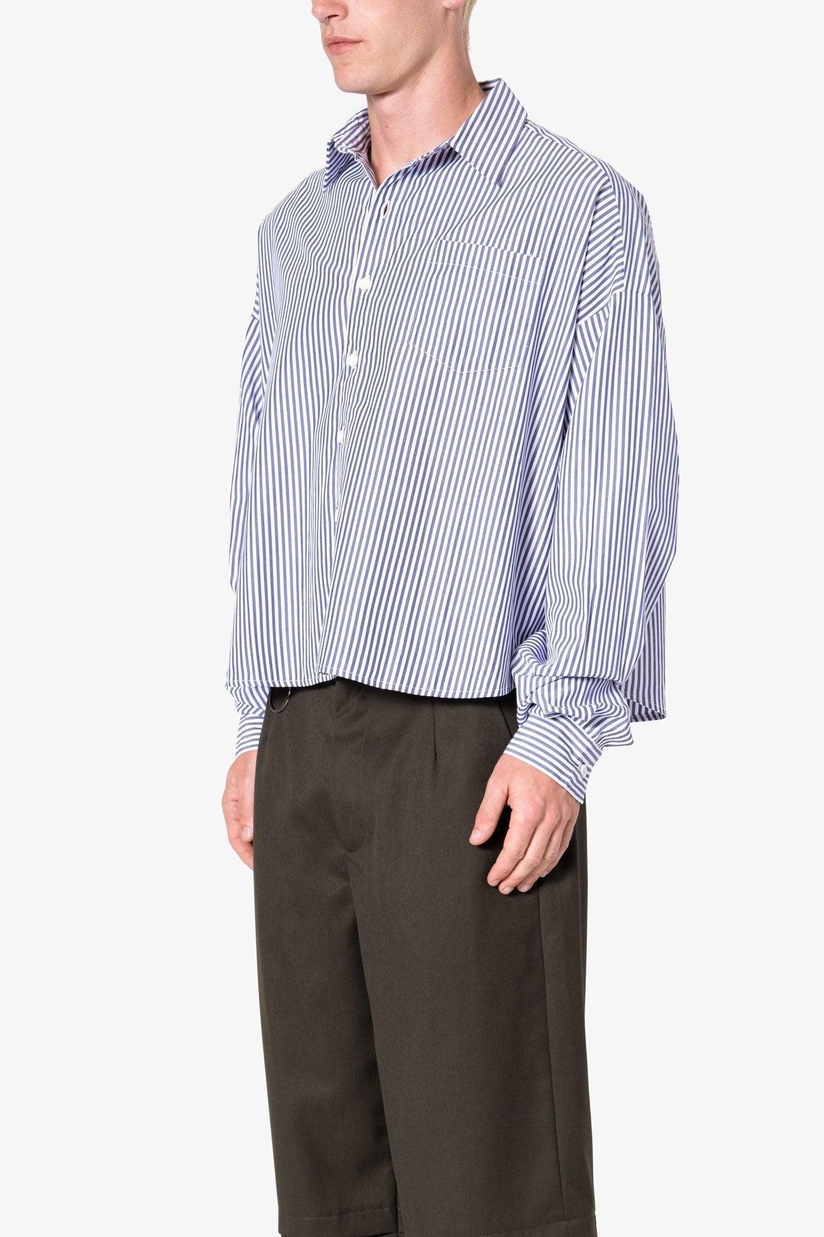 Striped Cropped Button Down Shirt - Blue Product Image