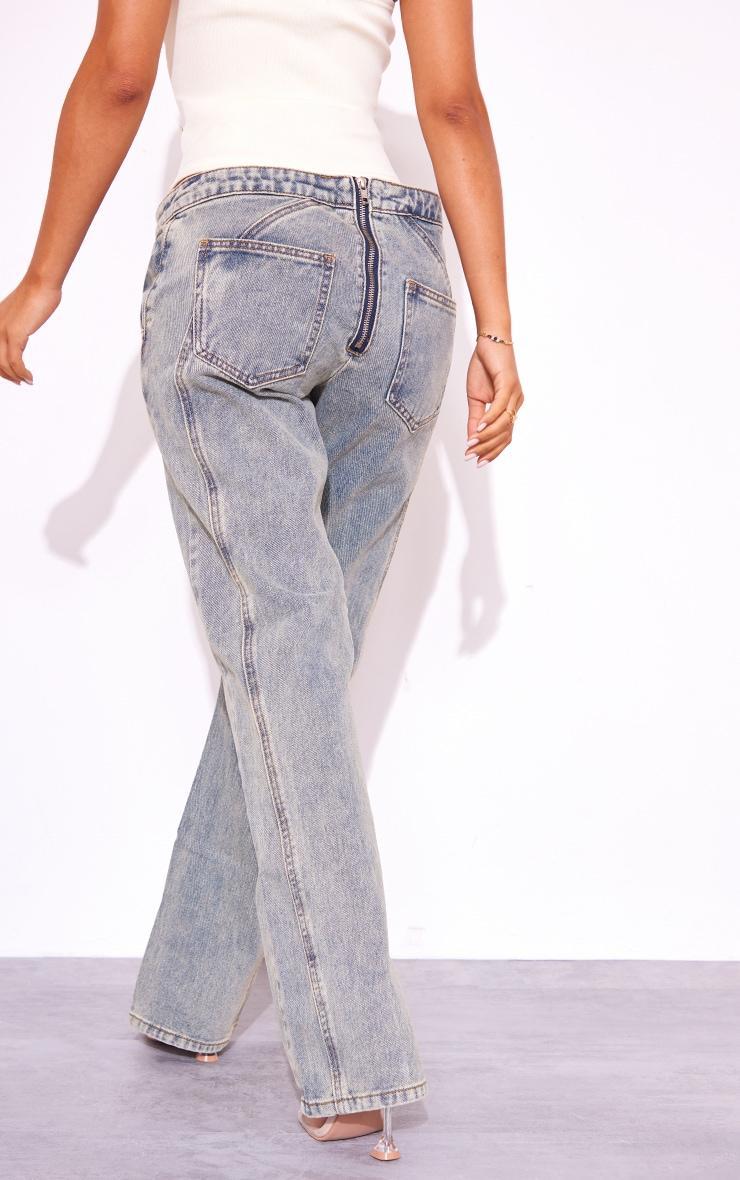 Petite Vintage Wash Seam Back Foldover Waistband Straight Leg Jeans Product Image