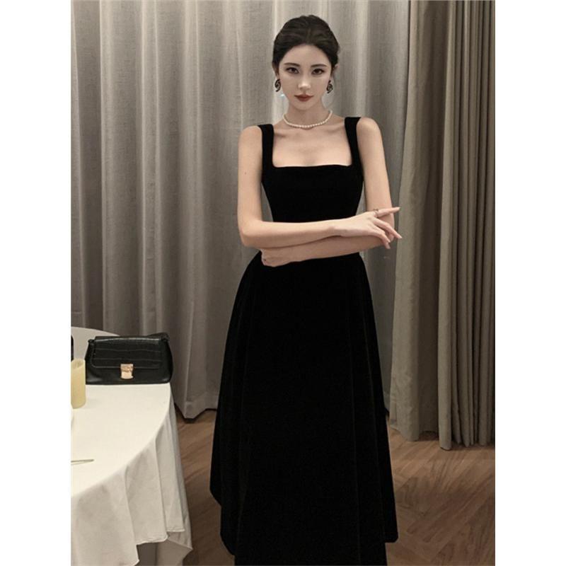 Sleeveless Square Neck Plain Maxi A-Line Dress Product Image