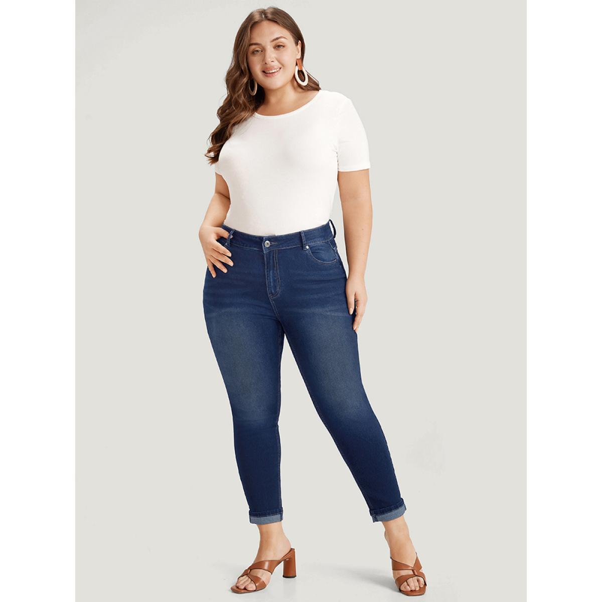 Plus Size Very Stretchy Pocket Dark Wash Roll Hem Jeans Women DarkBlue Casual Plain Roll Hem High stretch Pocket Jeans BloomChic 10/M Product Image