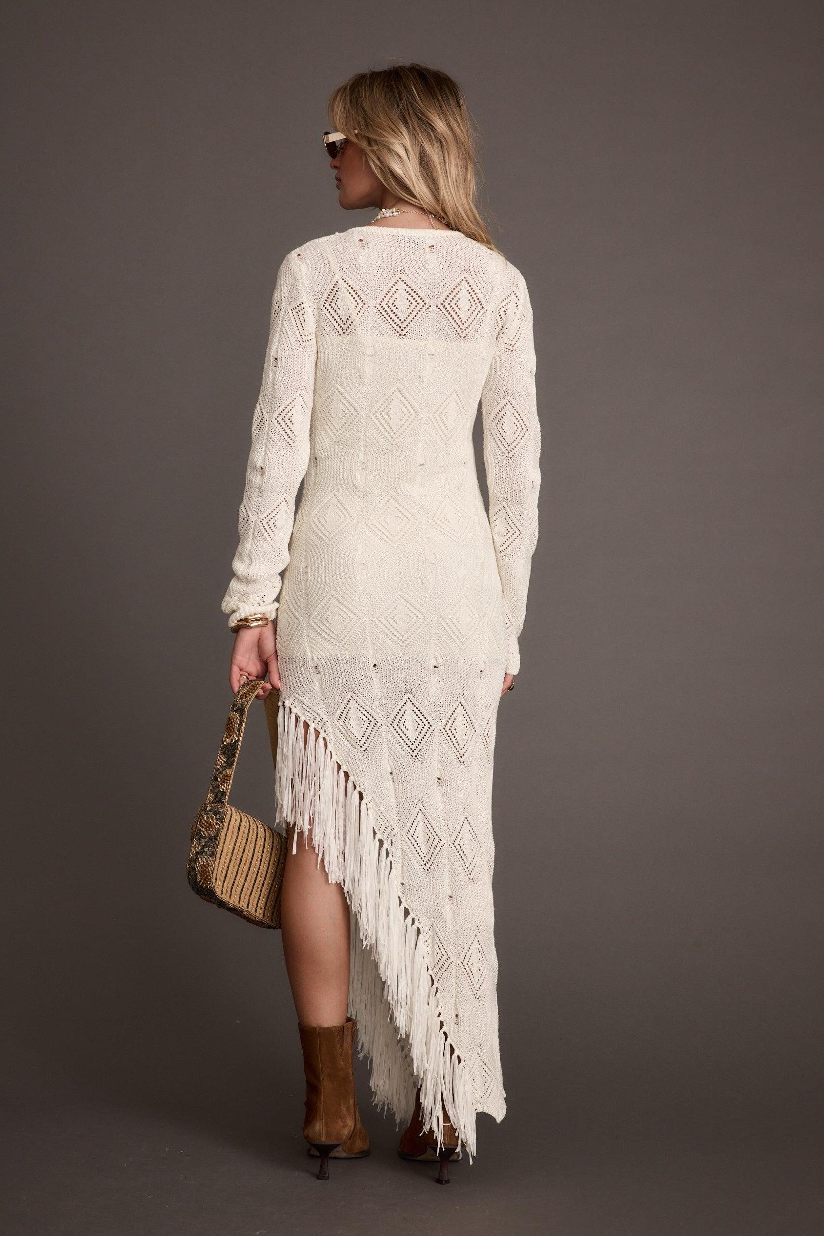 Joni White Asymmetrical Knit Long Sleeve Maxi Dress Product Image
