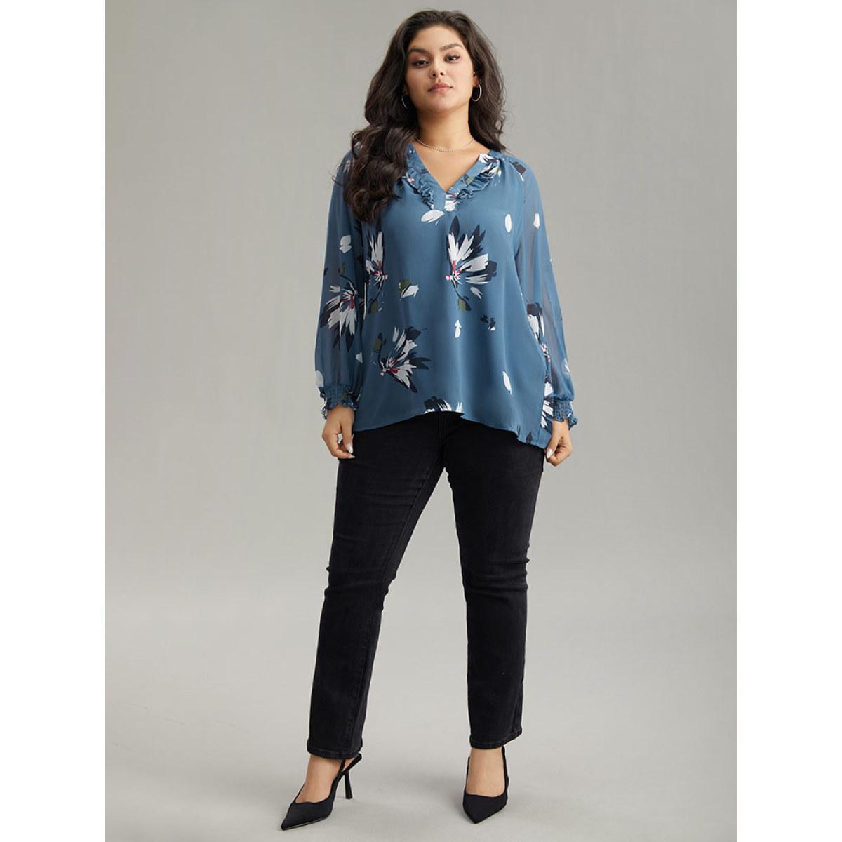 Plus Size Cerulean Floral Print Shirred Ruffles Mesh Blouse Women Elegant Long Sleeve V-neck Dailywear Blouses BloomChic 30/6X Product Image