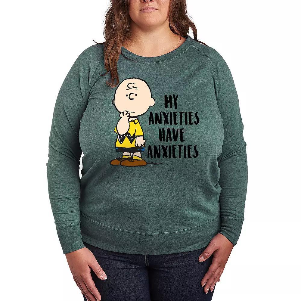 Plus Size Peanuts Charlie Brown Anxieties French Terry Long Sleeve Tee, Womens Grey Green Product Image