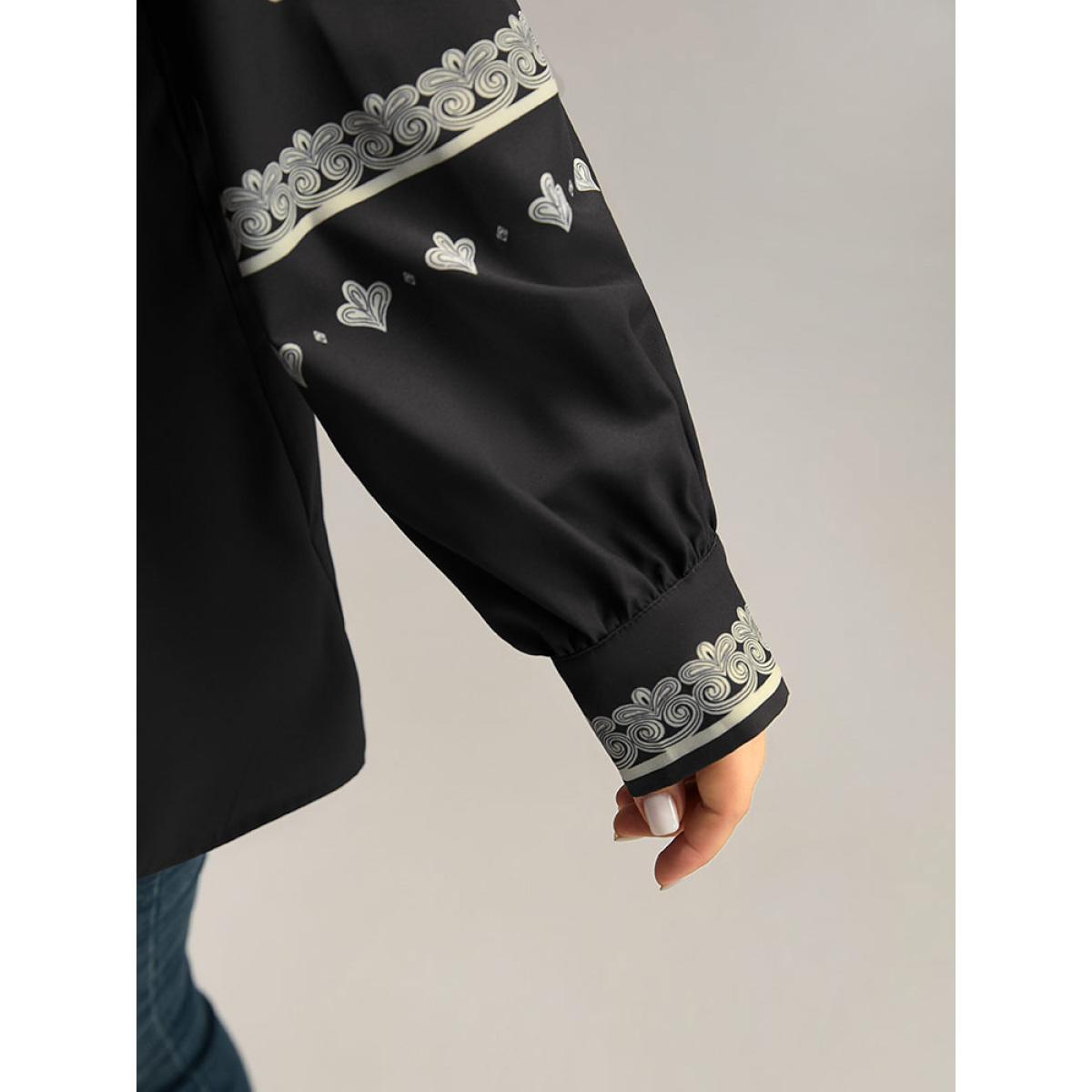 Plus Size BlackFlower Boho Print Tie Neck Tassel Gathered Blouse Women Vacation Long Sleeve Tie Neck Vacation Blouses BloomChic 18-20/2X Product Image