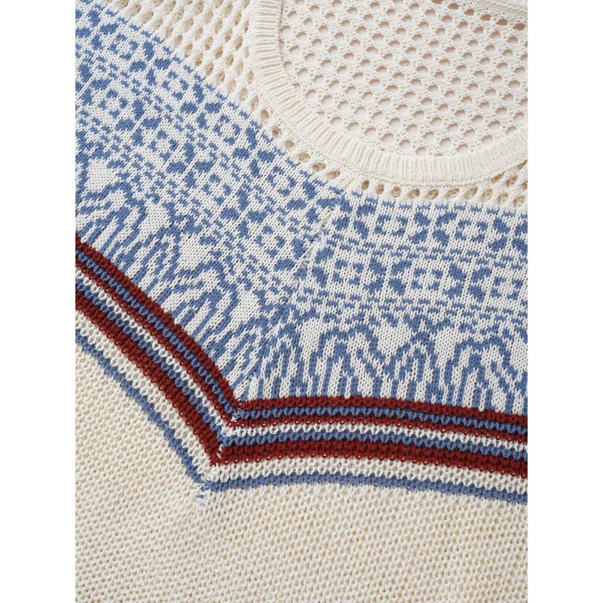 Plus Size Graphic Contrast Patchwork Hollow Out Pullover Beige Women Casual Long Sleeve Round Neck Everyday Pullovers BloomChic 10/M Product Image