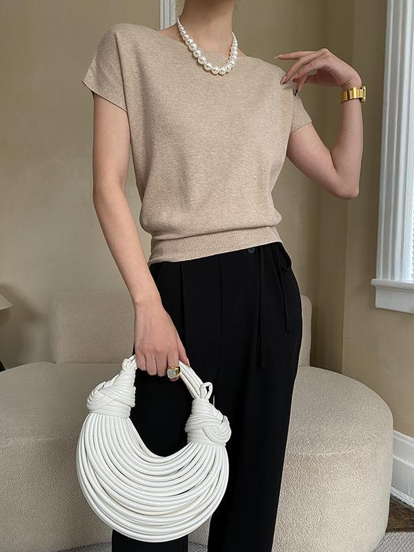 Stylish Loose Solid Color Boat Neck Knitwear Pullovers Tops Product Image