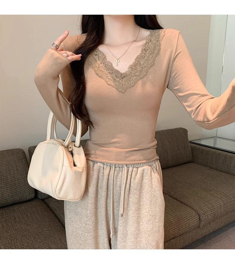 Long-Sleeve V-Neck Plain Lace Trim Slim Fit T-Shirt Product Image