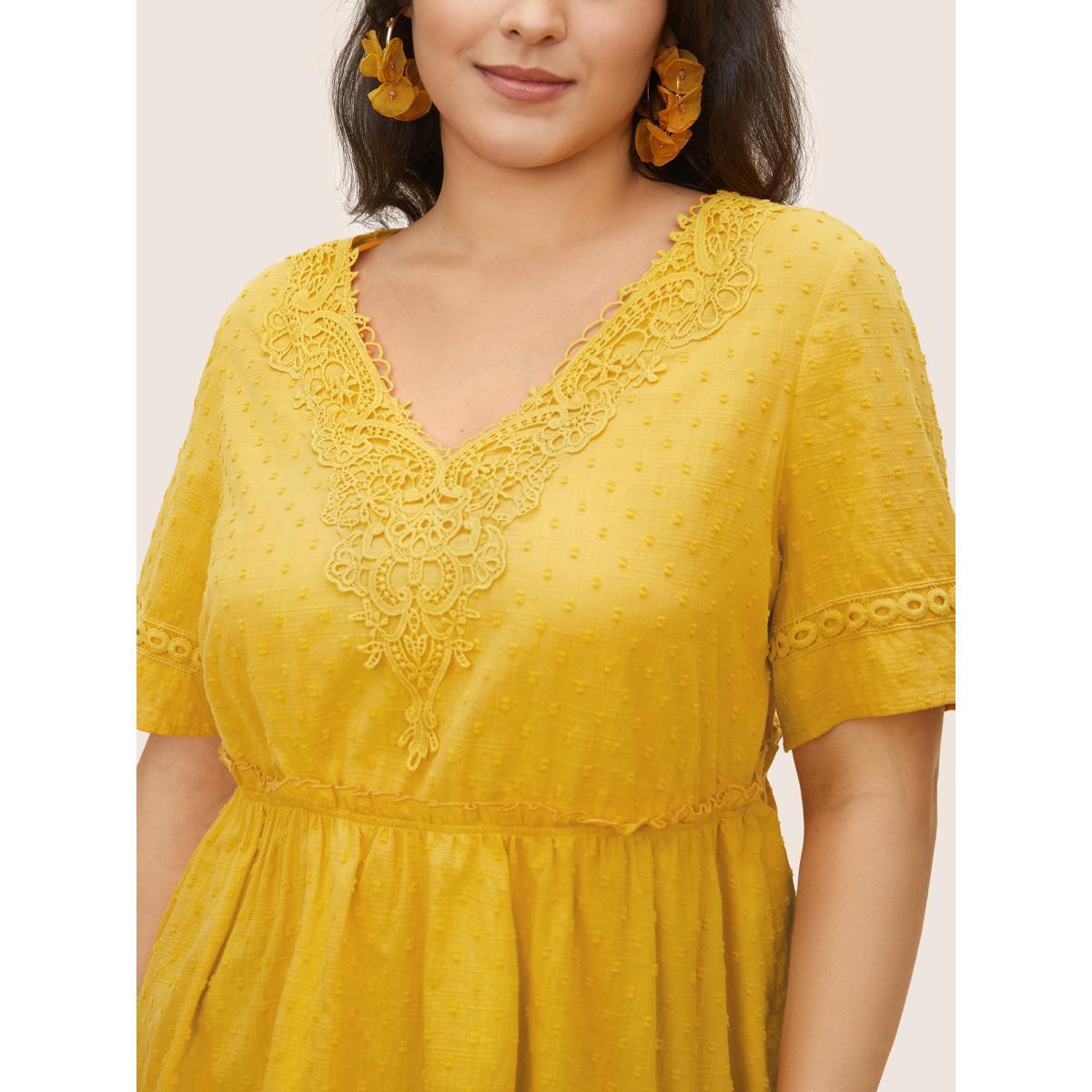 Plus Size Yellow Solid Woven Ribbon Frill Trim Gathered Blouse Women Resort Short sleeve V-neck Vacation Blouses BloomChic 26/4X Product Image