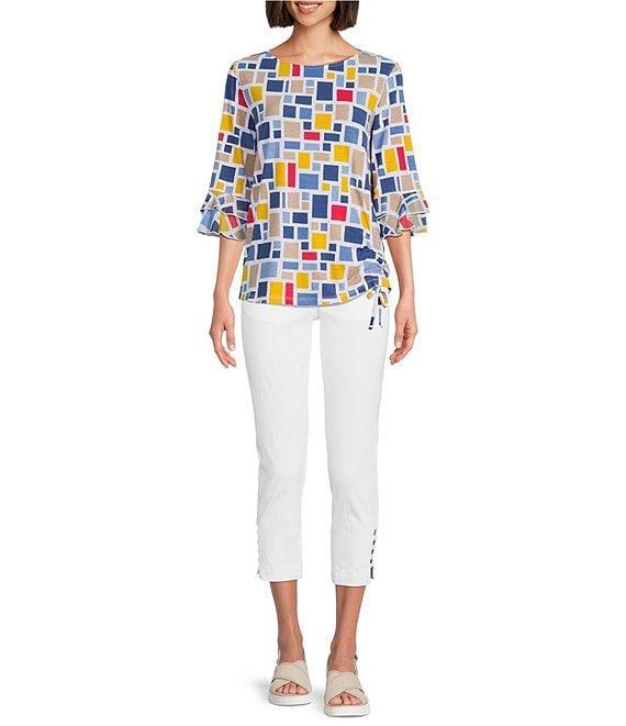 Multiples Slub Knit Georgette Printed Boat Neck 3/4 Sleeve Fitted Ruched Side Drawstring Top Product Image