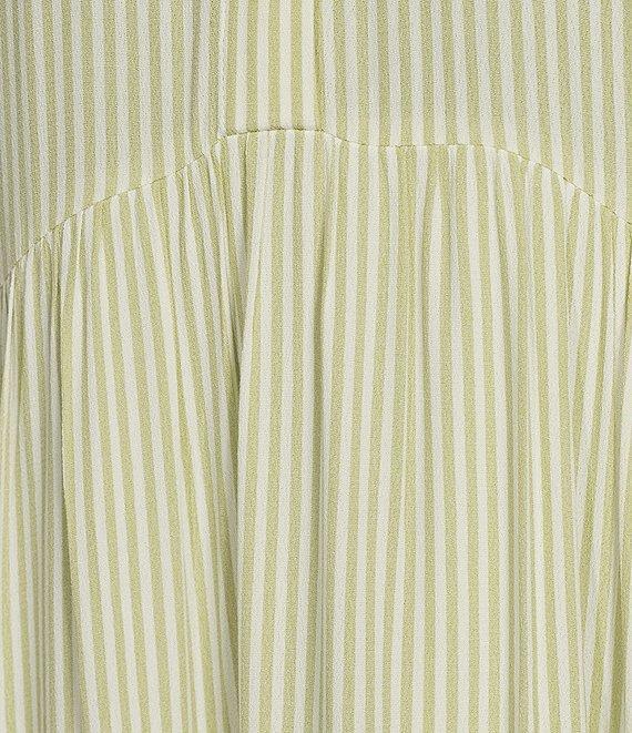 A Loves A Pinstripe Print Button Point Collar 3/4 Blouson Cuff Sleeve Tiered Waistless Midi Shirt Dress Product Image