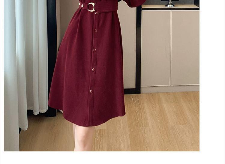 Long-Sleeve Plain Midi A-Line Shirt Dress Product Image