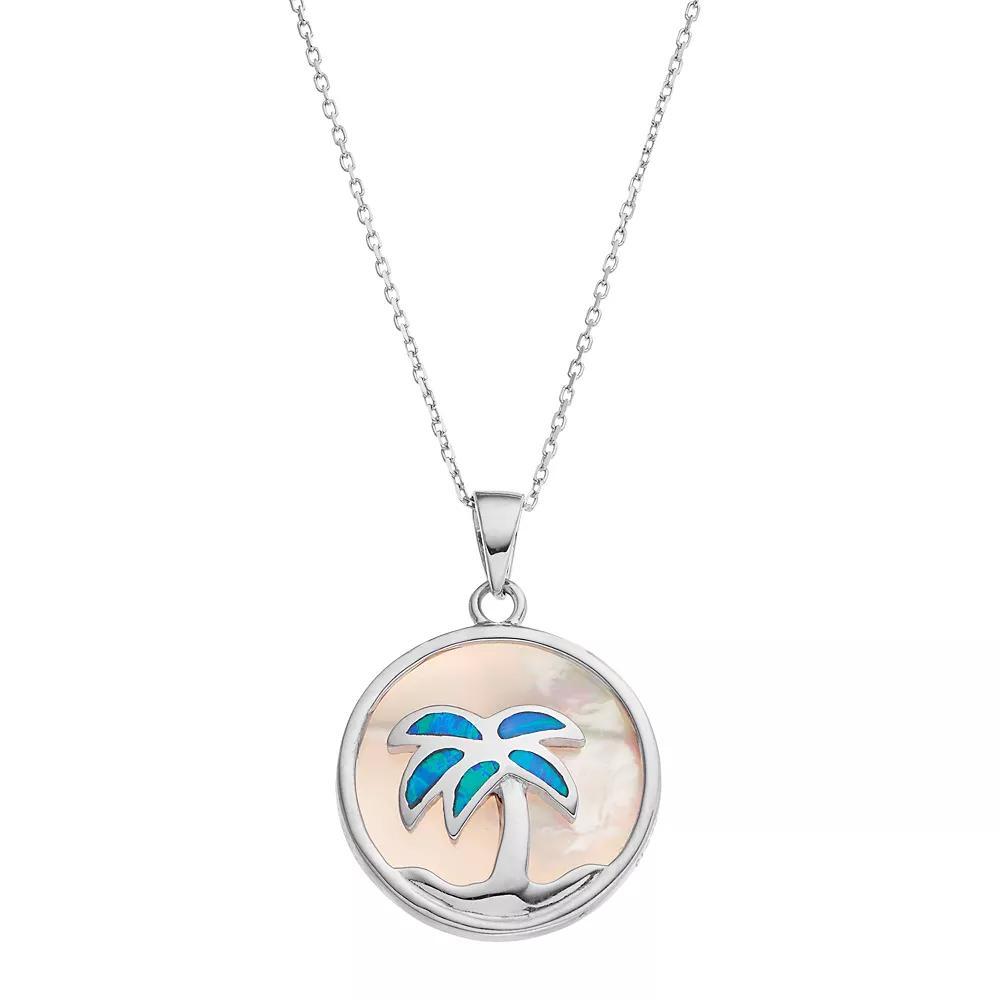 Sterling Silver Mother-of-Pearl & Lab-Created Blue Opal Palm Tree Disc Pendant, Women's, Size: 18" Product Image