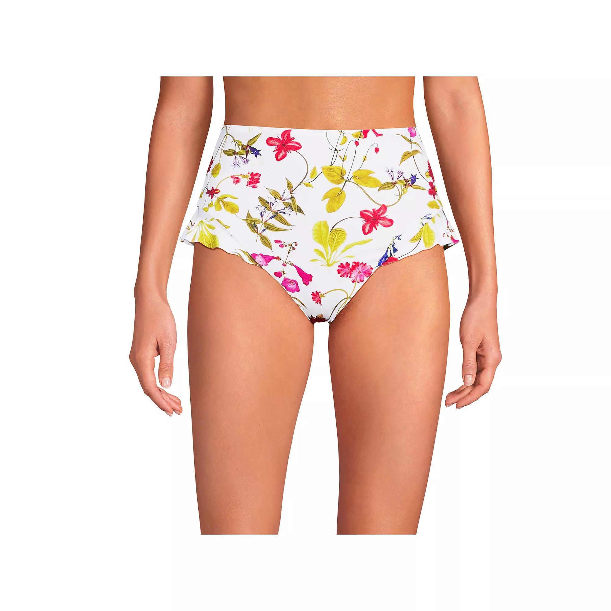 Women's Lands' End Ruffle High Waisted High Leg Swim Bottoms, Size: 12, Black White Dots Product Image