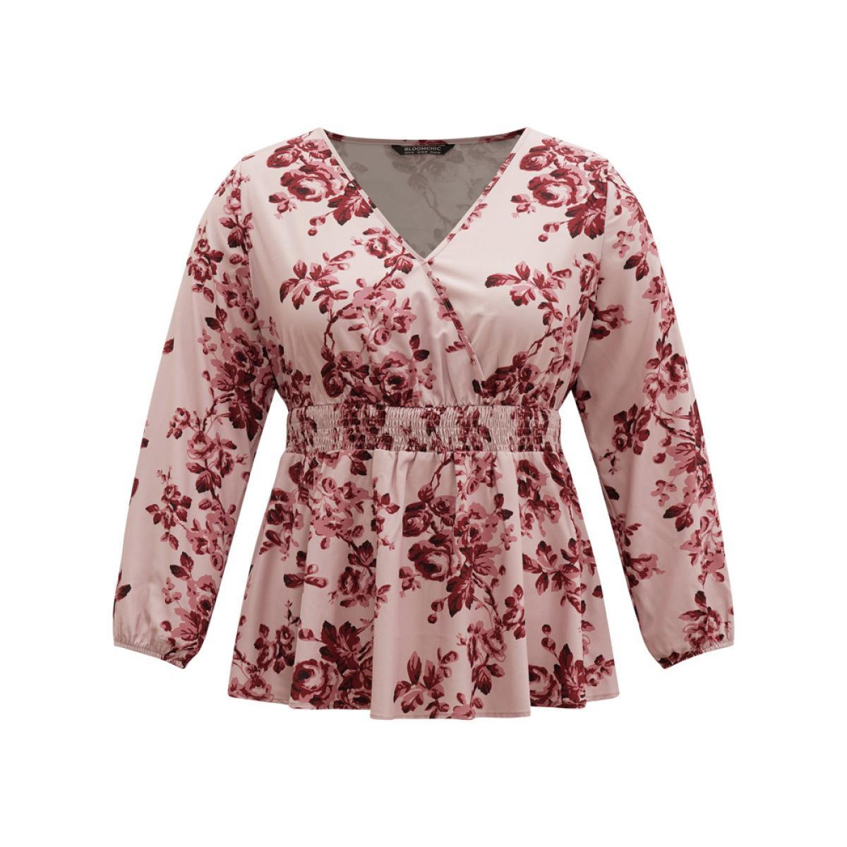 Plus Size Burgundy Floral Print Shirred Surplice Neck Blouse Women Elegant Long Sleeve Overlap Collar Everyday Blouses BloomChic 30/6X Product Image