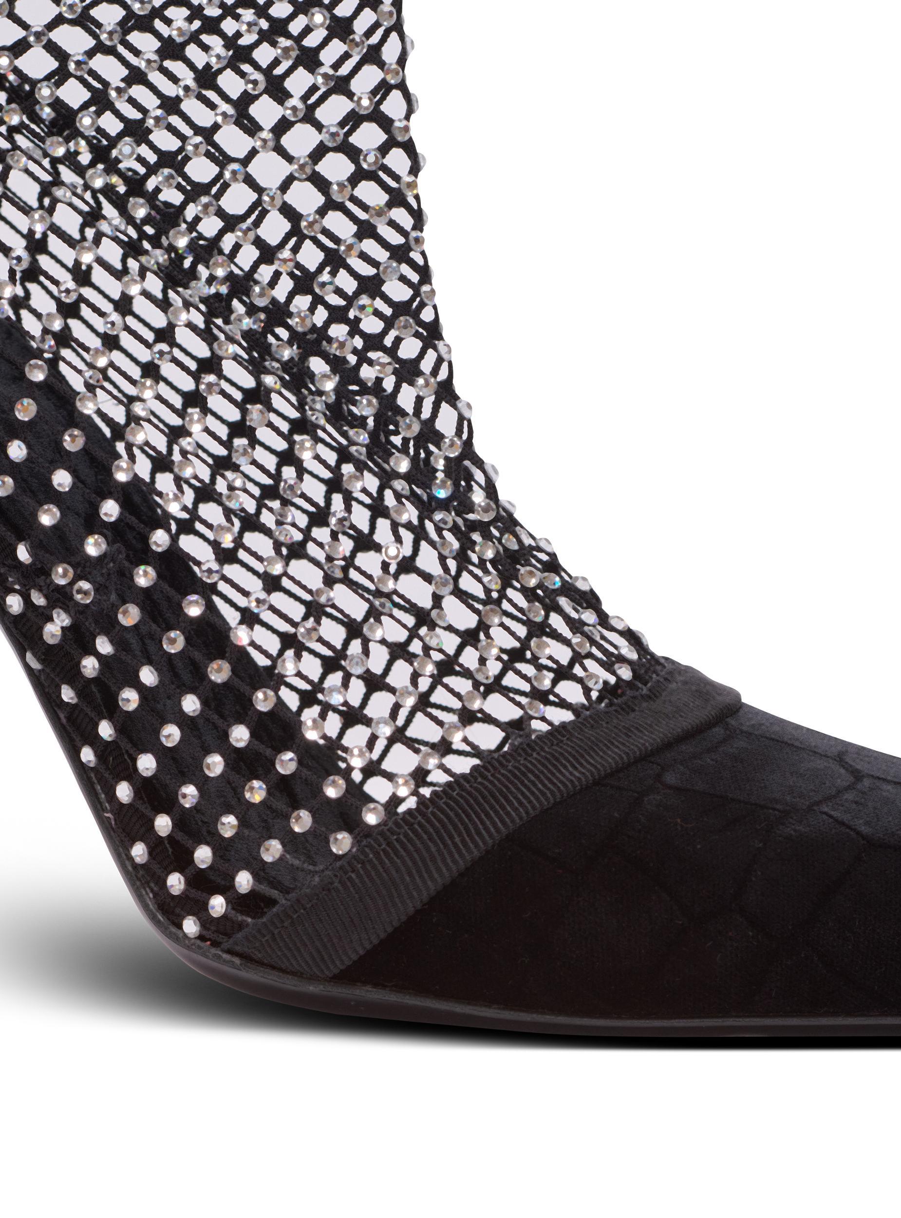 Mesh heeled ankle boots with velvet and rhinestones Product Image