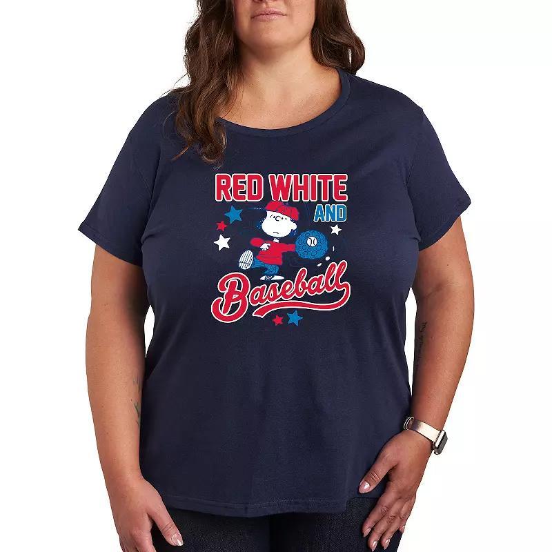 Plus Peanuts Red White Baseball Lucy Graphic Tee, Womens Grey Gray Product Image