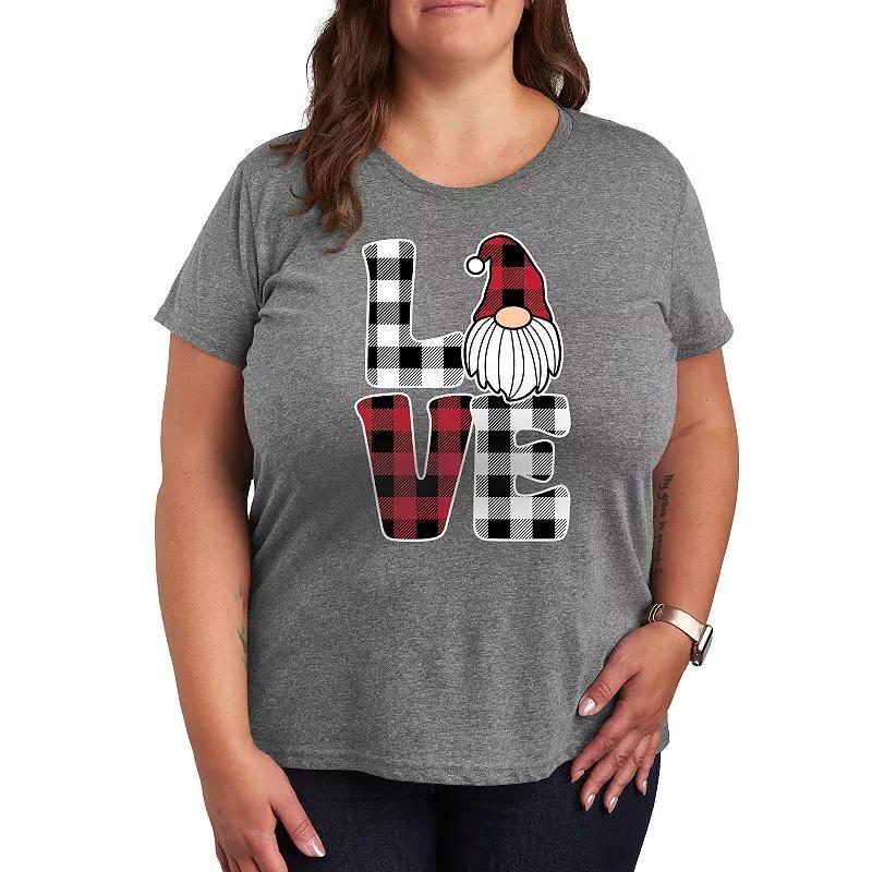 Plus Love Gnome Plaid Graphic Tee, Womens Grey Gray Product Image
