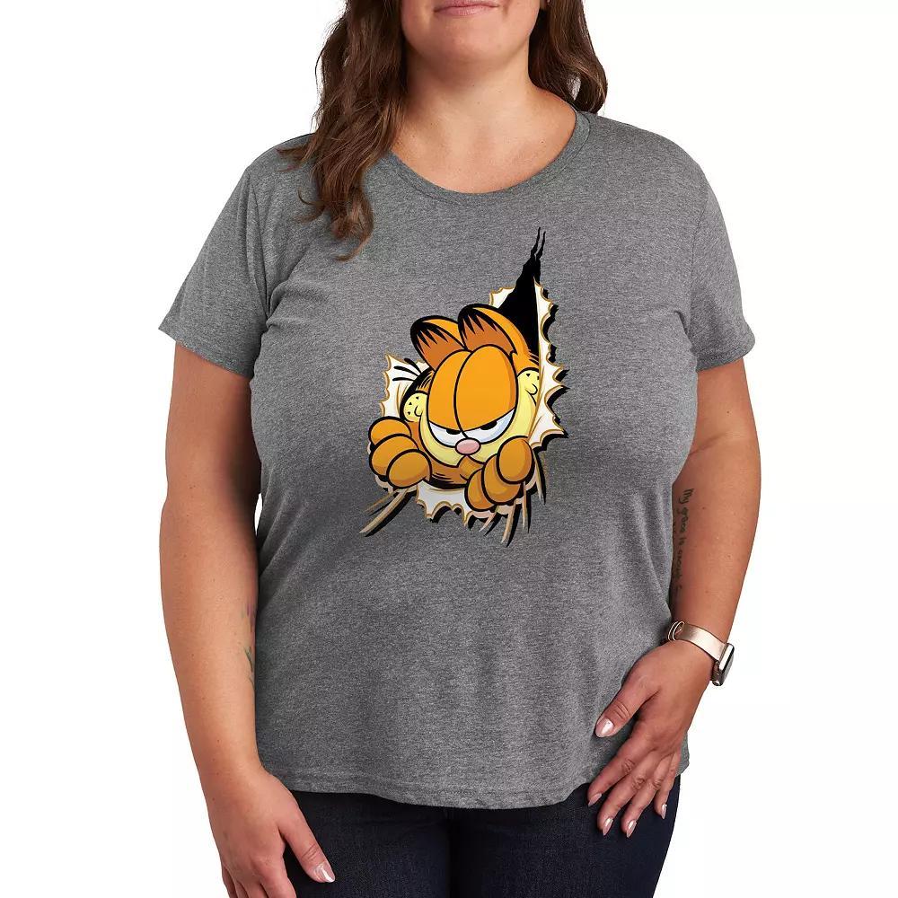 Plus Garfield Peeking Out Graphic Tee, Womens Grey Gray Product Image