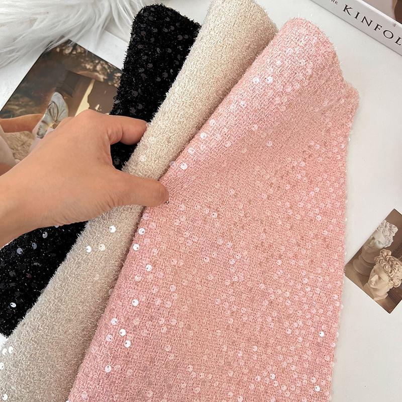 High Waist Plain Sequin Tweed Mini A-Line Skirt Product Image
