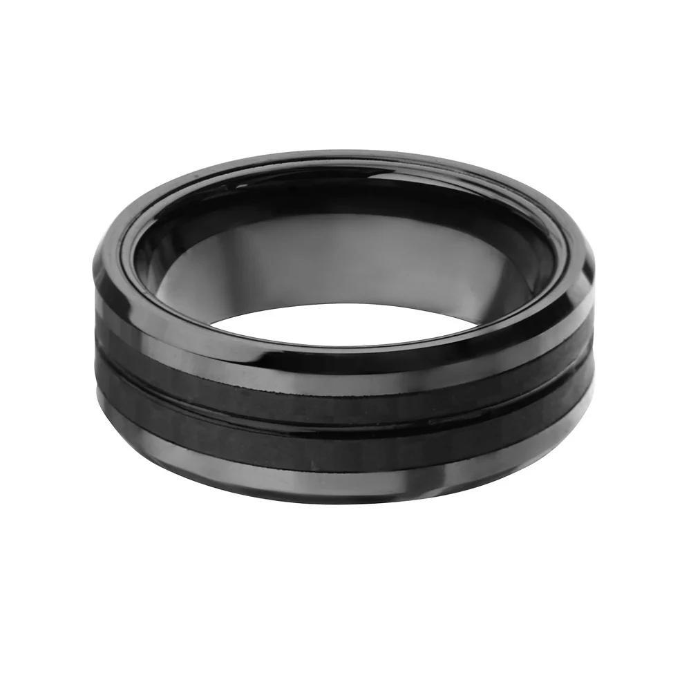 Men's Black Stainless Steel & Carbon Fiber Double Line Ring, Size: 11 Product Image