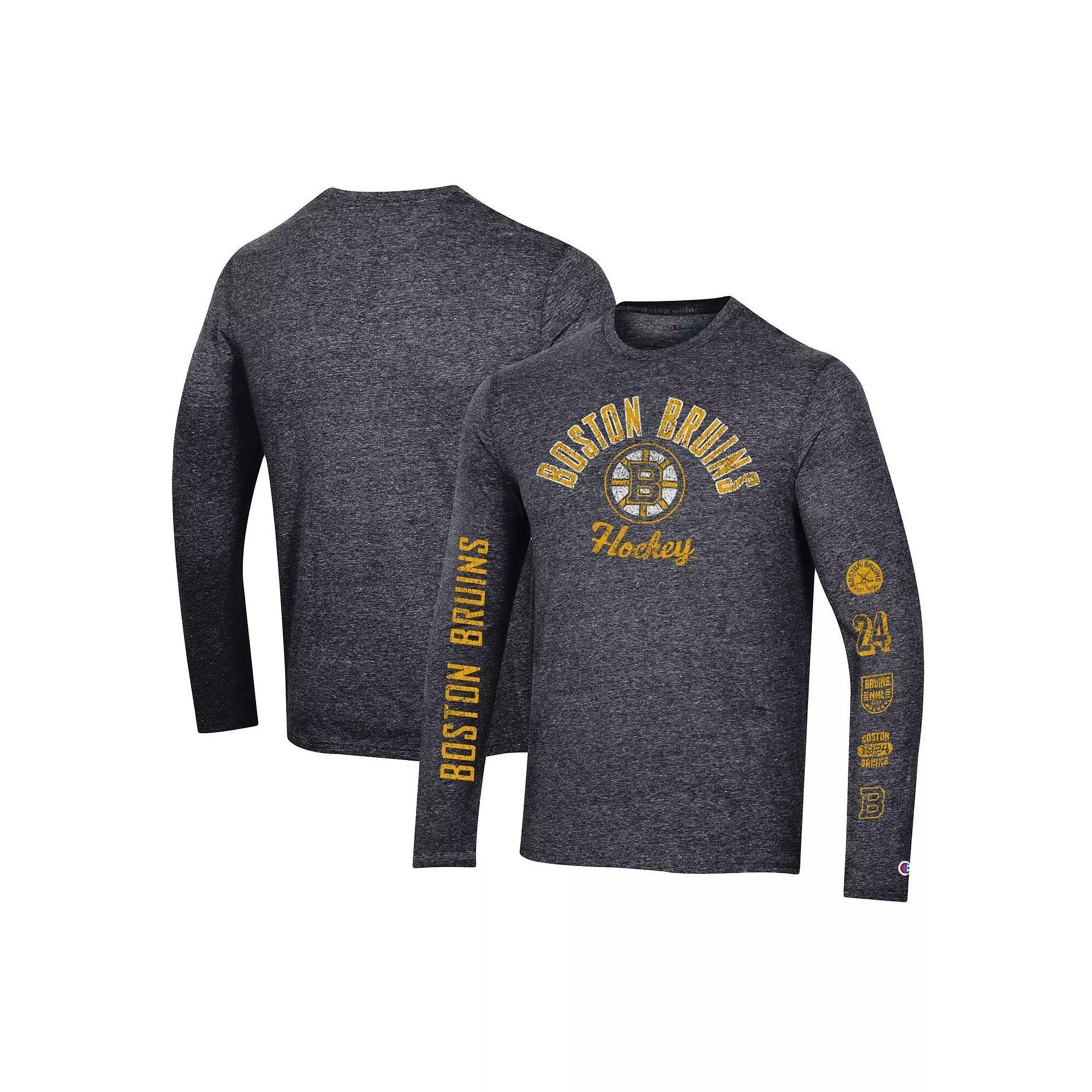 Men's Champion Heather Black Carolina Hurricanes Multi-Logo Tri-Blend Long Sleeve T-Shirt, Size: Small, Charco Product Image