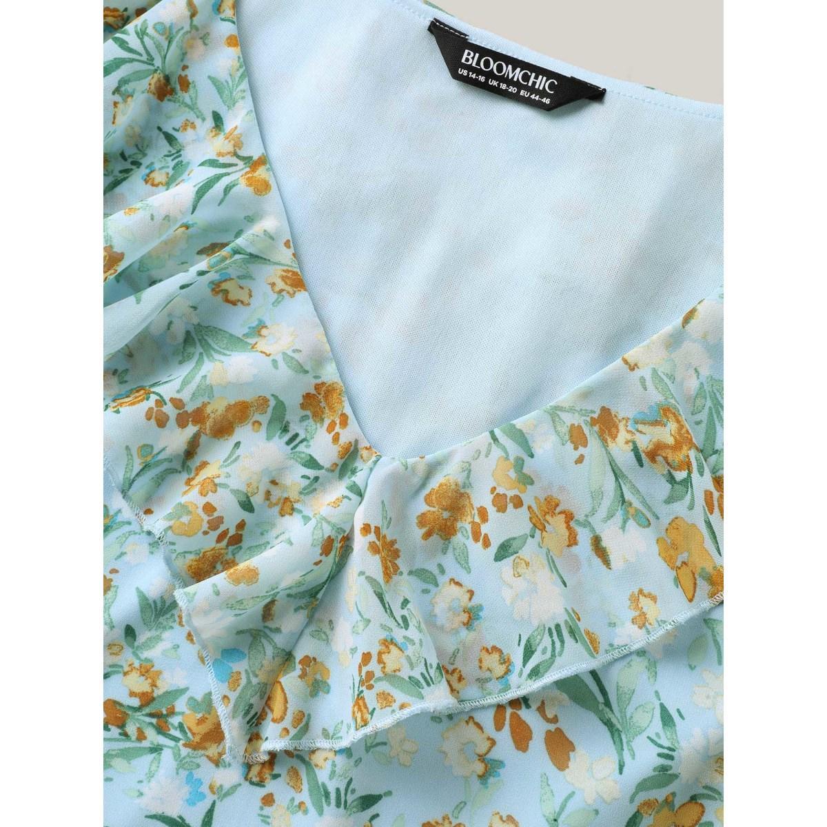 Plus Size LightBlue Floral Print Ruffled Layered Sleeve Blouse Women Short sleeve V-neck Everyday-Elegant Blouses BloomChic 28/5X Product Image