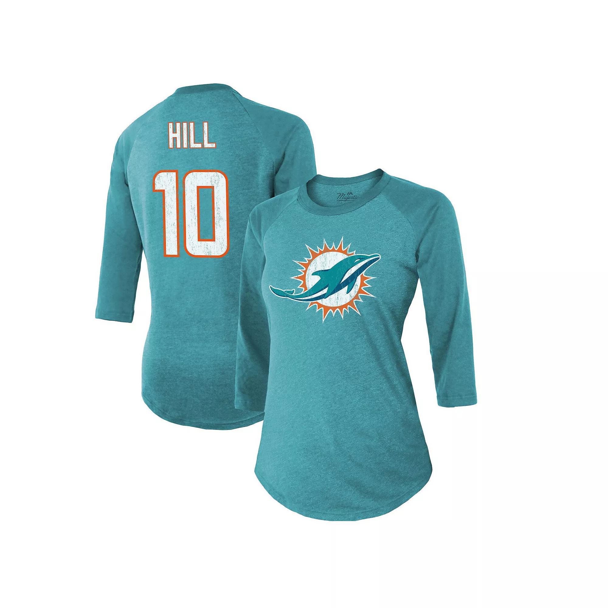 Women's Majestic Threads Tyreek Hill Aqua Miami Dolphins Name & Number Raglan 3/4 Sleeve T-Shirt, Size: 2XL, Turquoise A Product Image