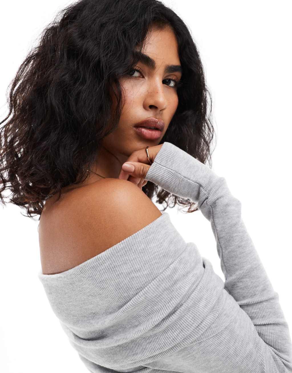 Bershka bardot knitted sweater in gray Product Image
