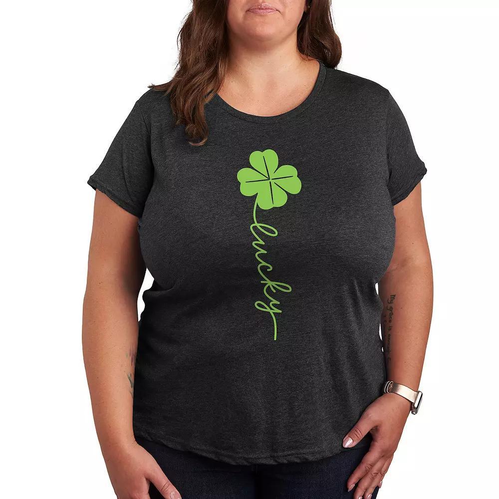 Plus Lucky Script Four Leaf Clover Graphic Tee, Womens Heather Grey Gray Product Image