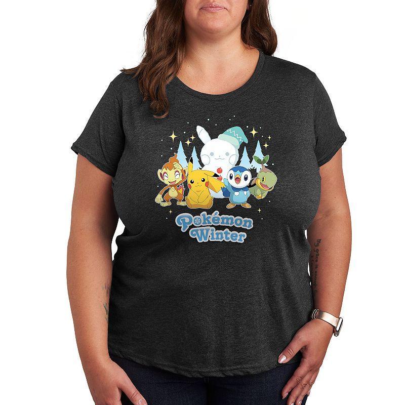 Plus Pokemon Winter Graphic Tee, Womens Heather Grey Product Image