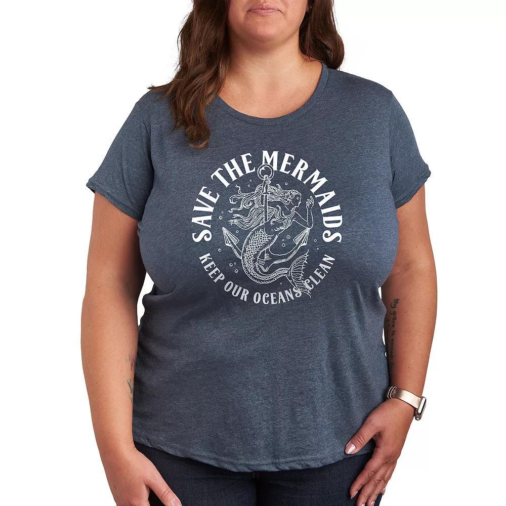 Plus Save The Mermaids Graphic Tee, Womens Grey Blue Product Image