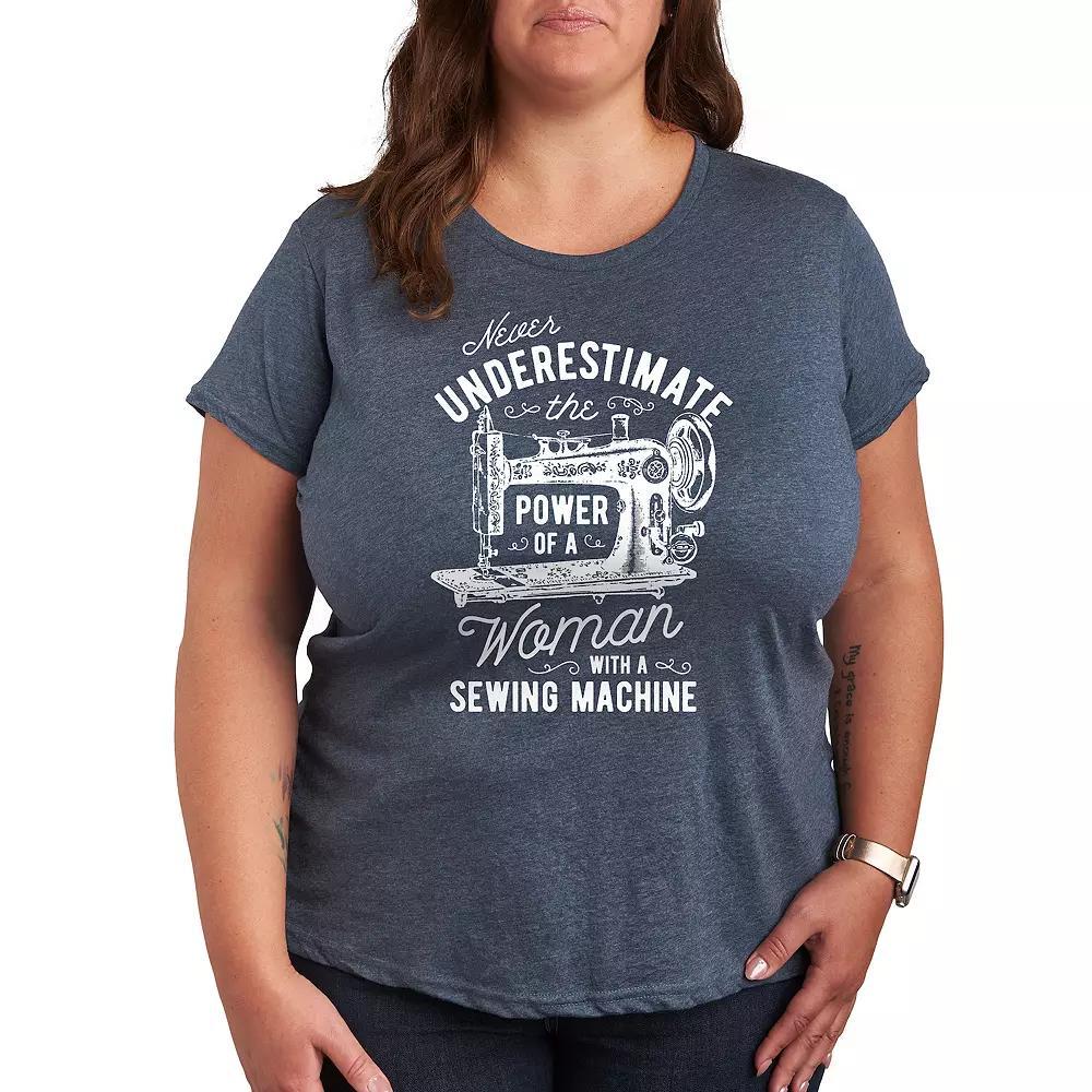 Plus Woman And Her Sewing Machine Graphic Tee, Womens Grey Blue Product Image
