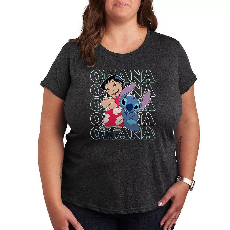 Disneys Lilo & Stitch Plus Ohana Repeated Graphic Tee, Womens Grey Blue Product Image