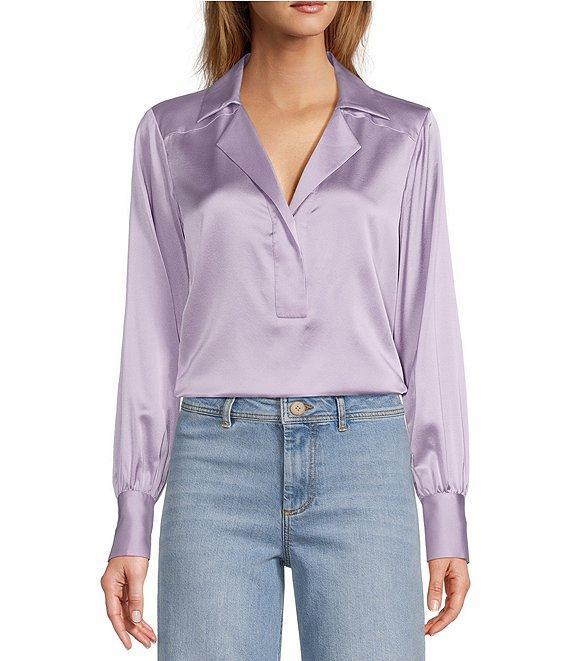 Antonio Melani Violet Silk Notch Collar V-Neck Long Blouson Sleeve Blouse Product Image