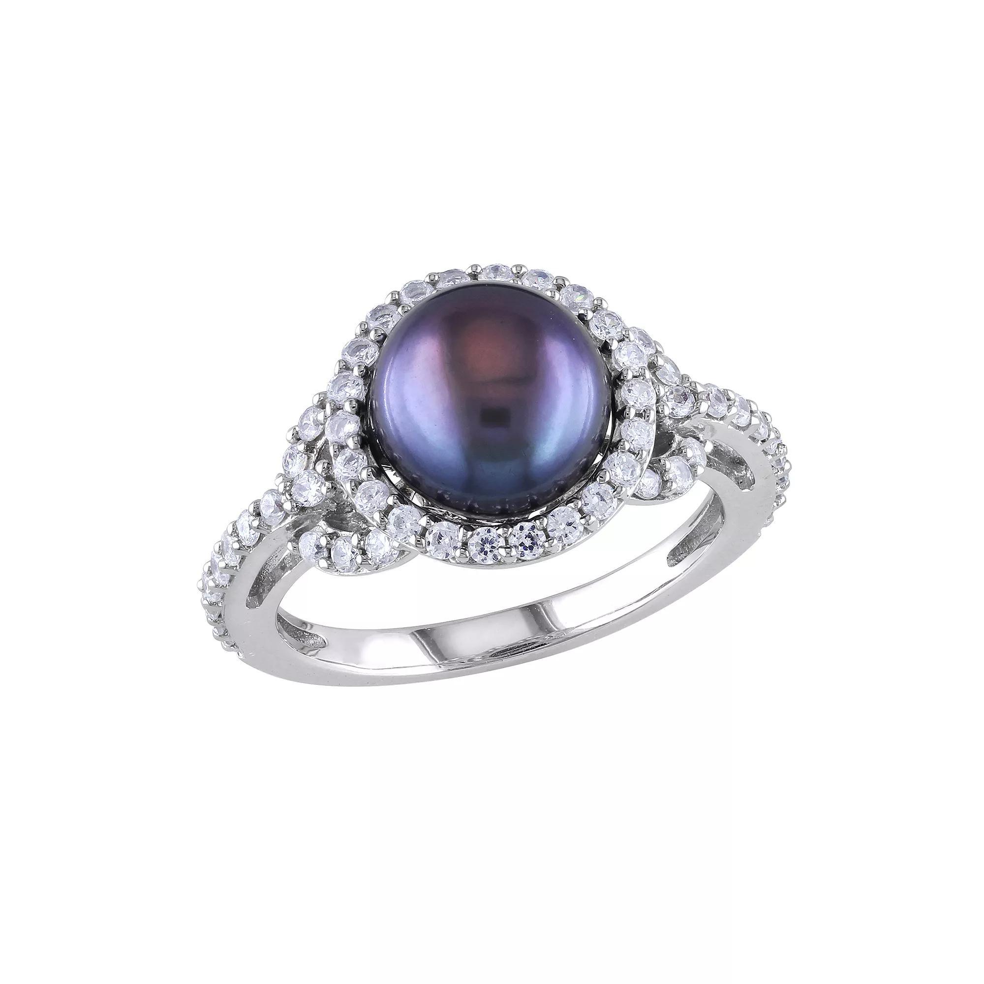 Stella Grace Sterling Silver Dyed Black Freshwater Cultured Pearl & Cubic Zirconia Ring, Women's, Size: 7, Silvertone Product Image
