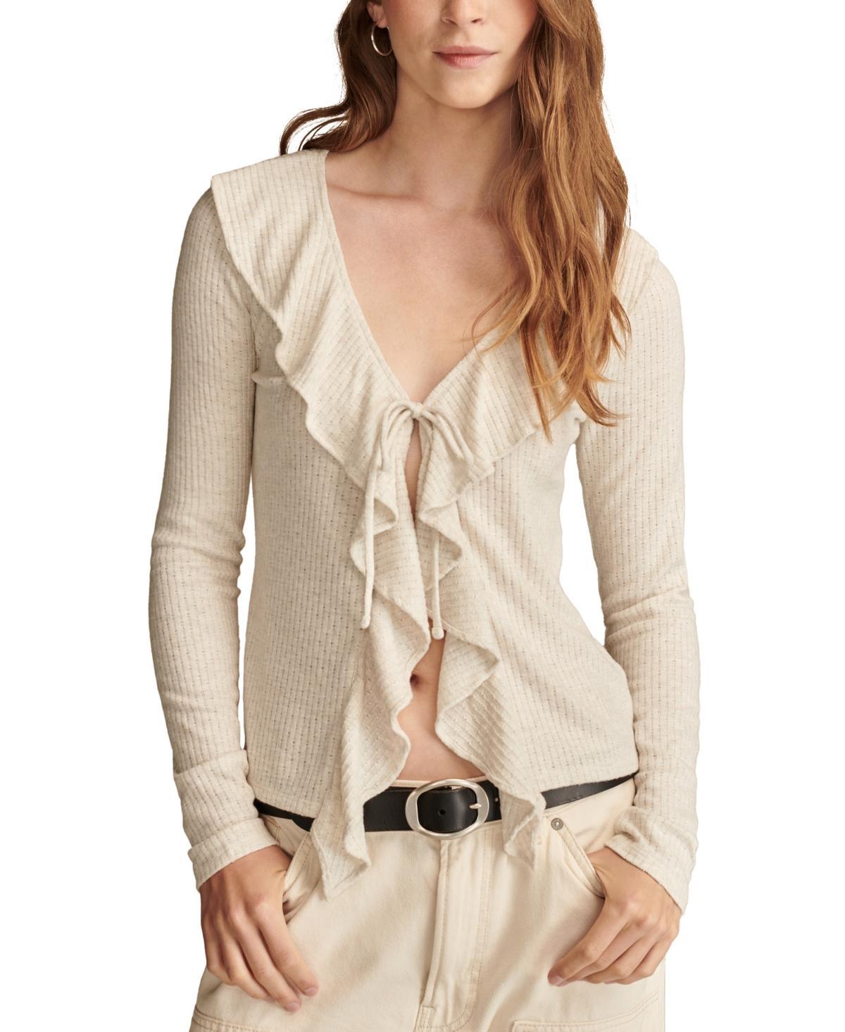 Lucky Brand Cloud Ruffle Long Sleeve Top (Straw Heather) Women's Clothing Product Image
