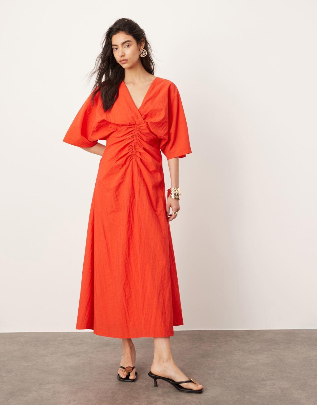 ASOS EDITION textured wide sleeve midi dress with ruched waist in red Product Image