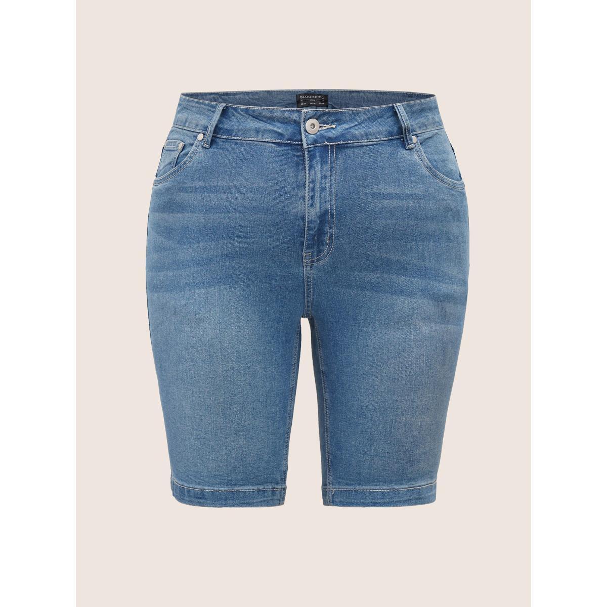 Plus Size Very Stretchy High Rise Dark Wash Denim Shorts Women Blue Casual Plain High stretch Slanted pocket Jeans BloomChic 12/L Product Image