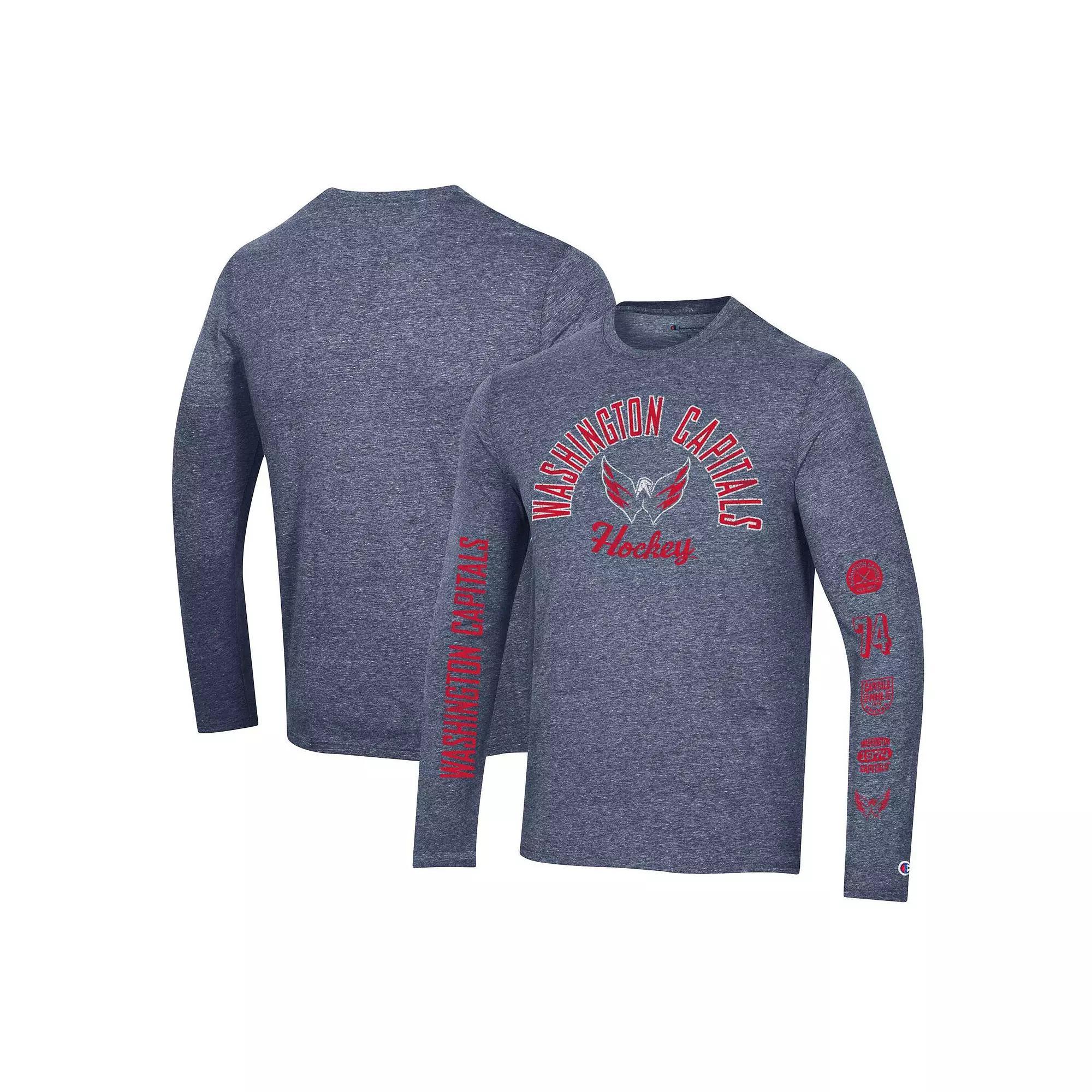 Men's Champion Heather Navy Washington Capitals Multi-Logo Tri-Blend Long Sleeve T-Shirt, Size: Medium, Blue Product Image