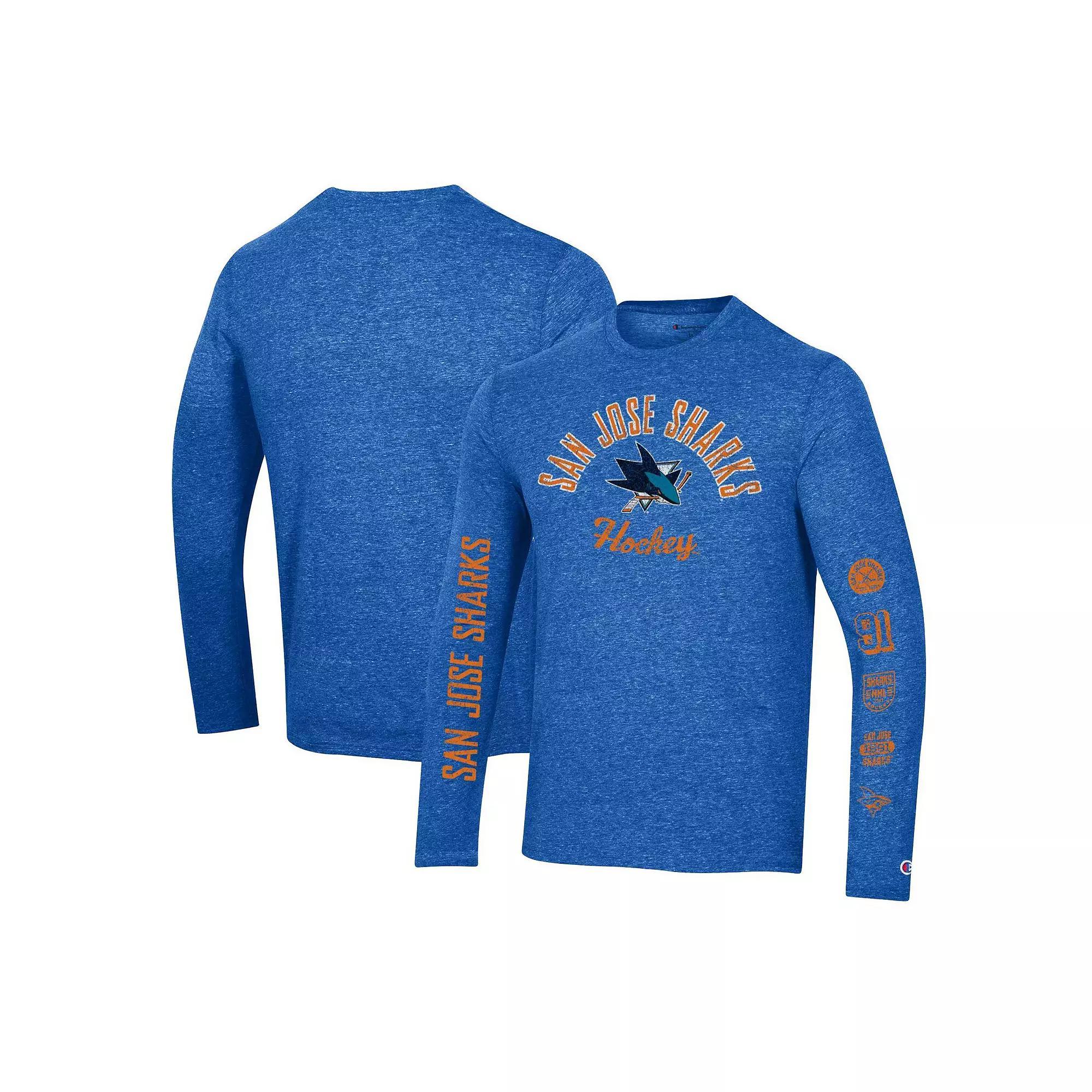 Men's Champion Heather Black San Jose Sharks Multi-Logo Tri-Blend Long Sleeve T-Shirt, Size: Small, Sks Blue Product Image