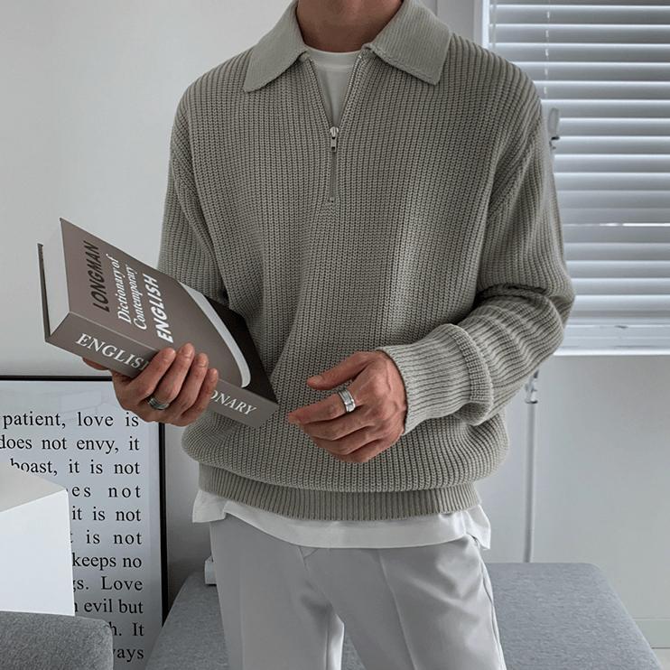 RT No. 6151 KNITTED HALF ZIP-UP COLLAR SWEATER Product Image