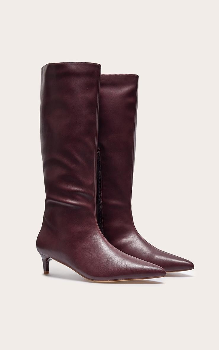 Plum PU Point Toe Low Stiletto Knee High Heeled Boots Product Image