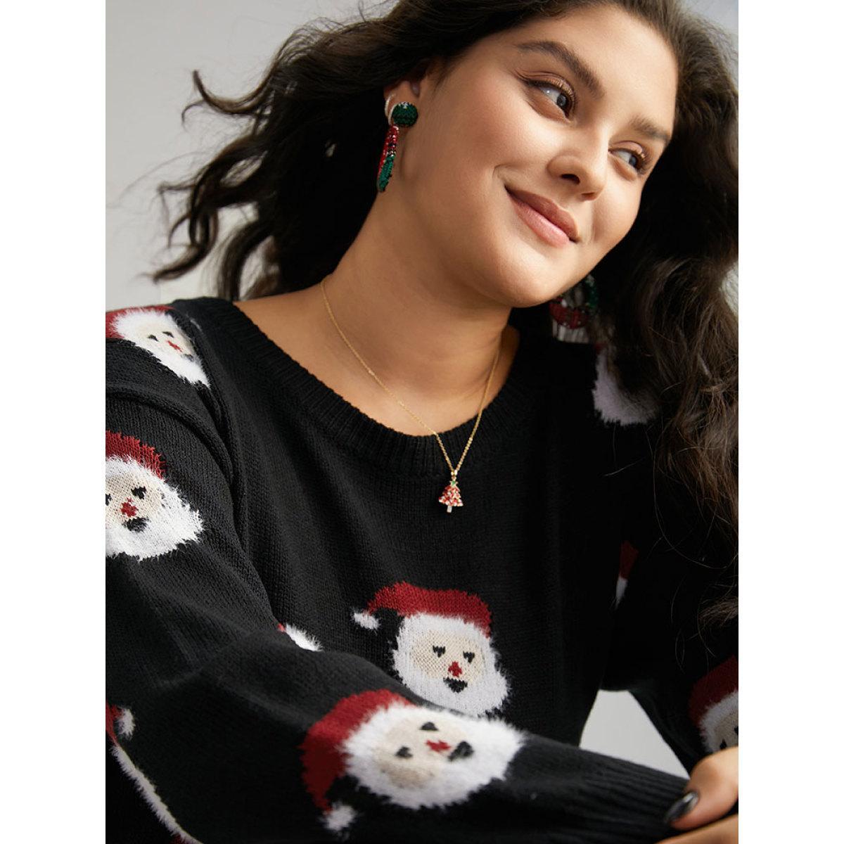 Plus Size Jolly Fellow Motifs Round Neck Pullover Black Women Casual Long Sleeve Round Neck Festival-Christmas Pullovers BloomChic 18-20/2X Product Image
