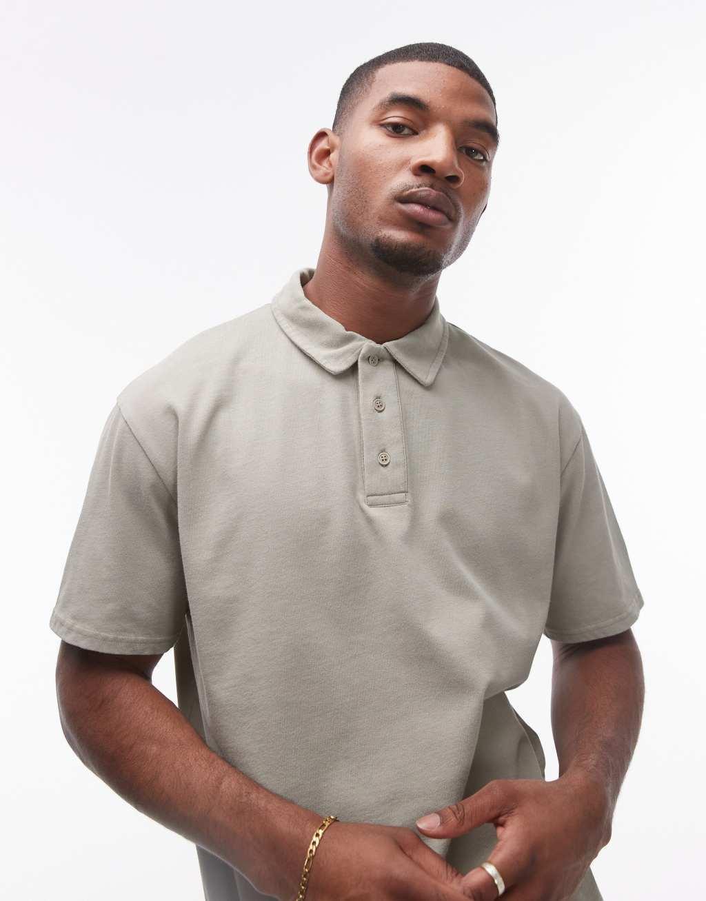 Topman oversized fit polo shirt in washed black Product Image