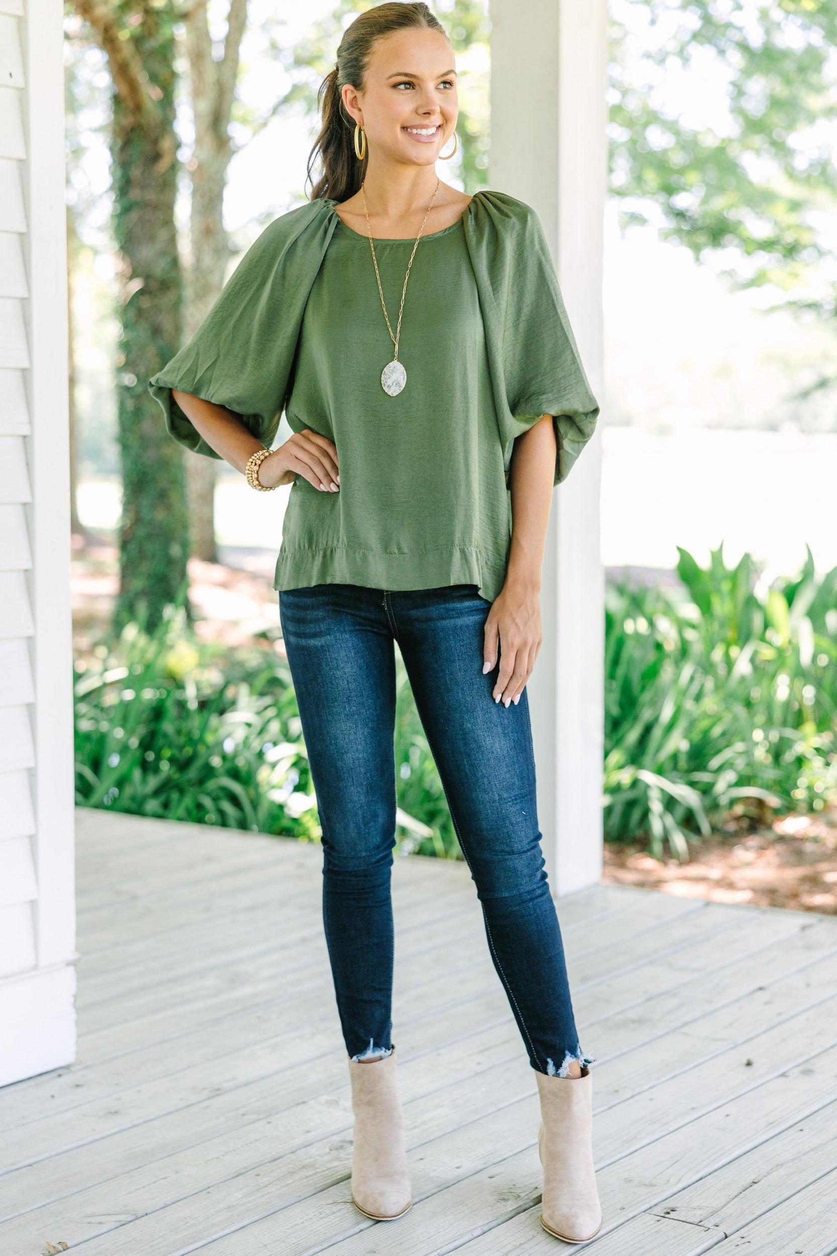 Point It Out Olive Green Satin Blouse Female Product Image